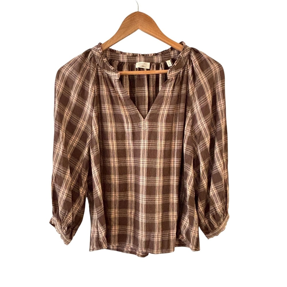 Faherty Portia Plaid Top Womens Size M Brown Wool Blend Peasant Boho V Neck